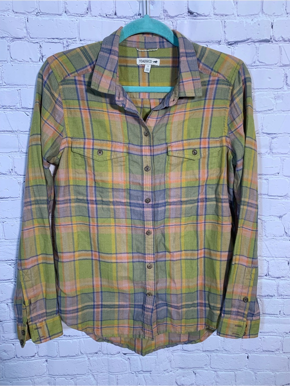 Toad & Co Womens Re-Form Flannel Plaid Long Sleeve Green Yellow Sz S Casual